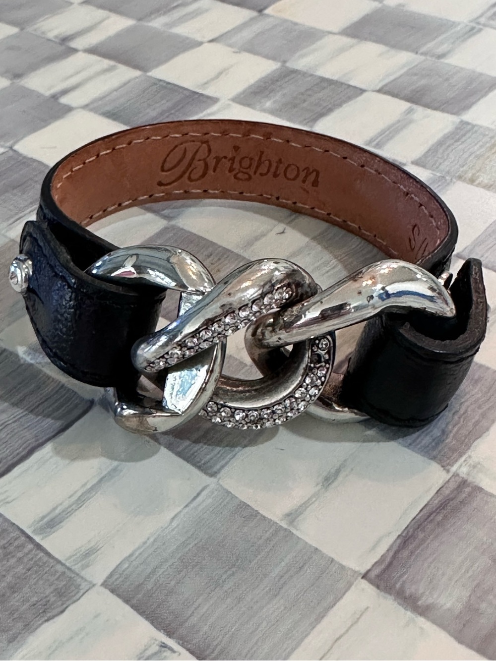 Brighton Silver & Black Leather Bracelet With Bling